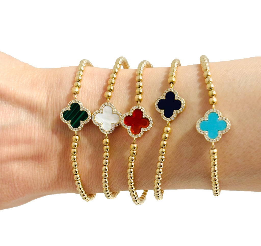 3MM Stretch Ball Bracelet with Colored Stone and Crystal Clover