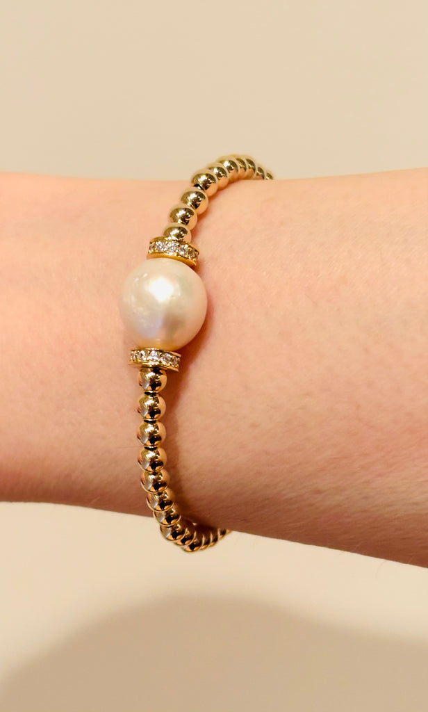 3MM Stretch Ball and Large Freshwater Pearl Bracelet with Cubic Zirconia