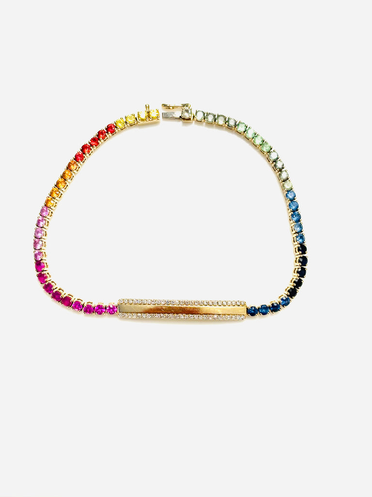 14K Yellow Gold Rainbow Sapphire and Diamond Gold Bar Tennis Bracelet