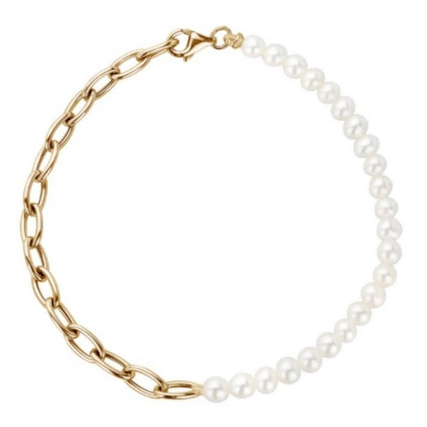 Half Oval Link & Half Freshwater Pearl Bracelet (4MM)